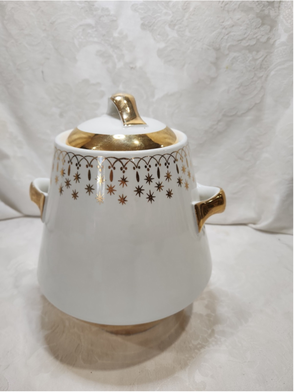 Vintage Flare Ware Hall China Lidded Cookie Jar Canister Atomic Stars Gold Lace